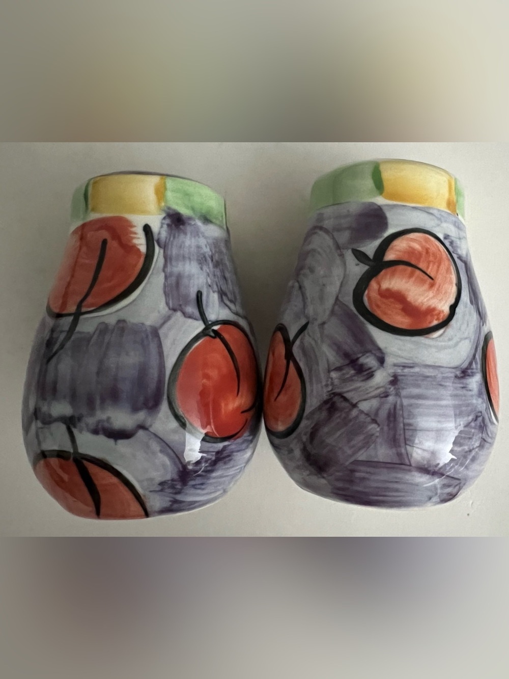 Hand Painted Ceramic Salt & Pepper Shaker Set Peach Fruit Design Art Pottery 2